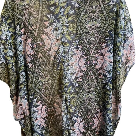 SUN & SHADOW Open Kimono Women’s S/M Green Blue Pink Geometric Pattern Lightweig - Picture 6 of 8